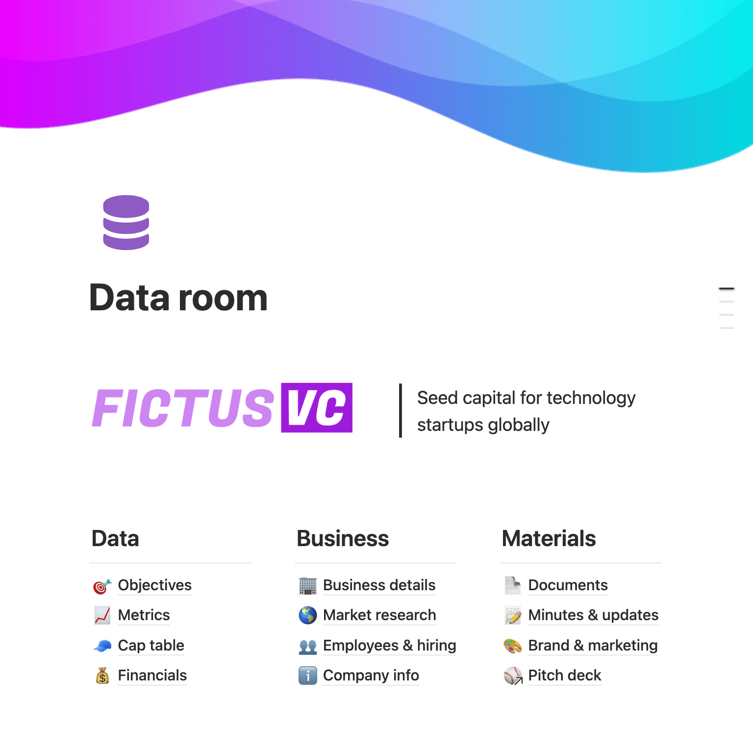 Example data room published from Notion for a fictional venture fund, with pages for metrics, cap table, financials, market research and the pitch deck